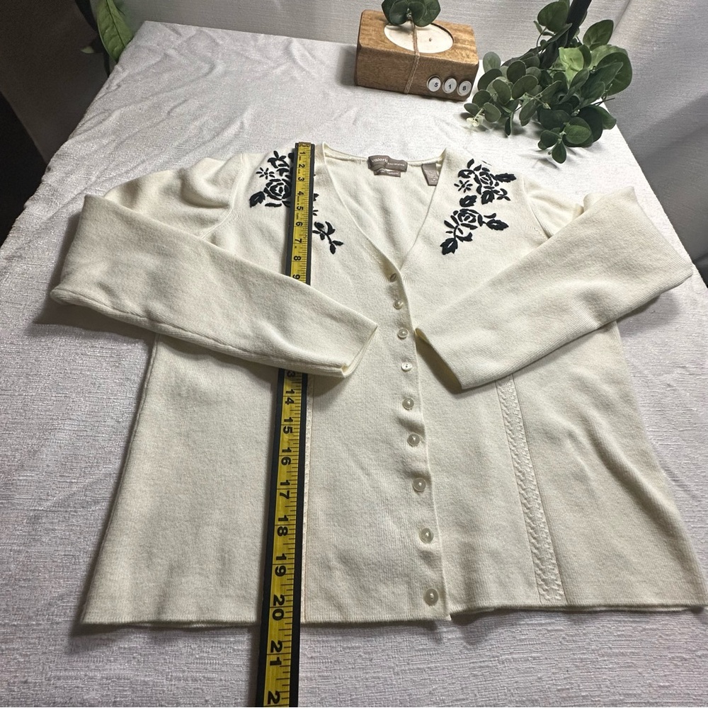 Valerie Separates Cream Button Up Cardigan Sweater w/ Black Floral Embroidery/M - Picture 6 of 9